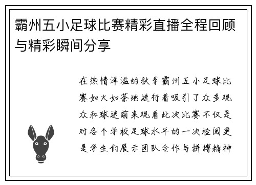 霸州五小足球比赛精彩直播全程回顾与精彩瞬间分享